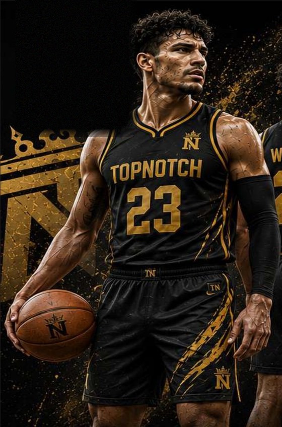 Basketball player in a black and gold Top Notch Sports custom uniform holding a basketball