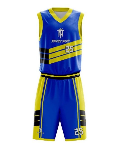The same basketball kit design in the catalog blue and yellow colorway